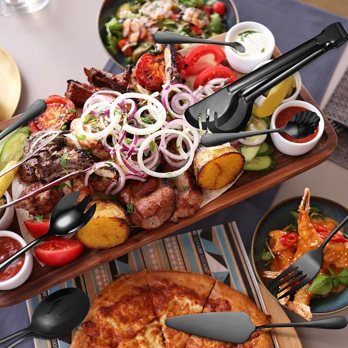 Black Serving Utensils Set 10-Piece Stainless Steel Kitchen Catering Flatware include Catering Tong Big Spoons and Ladles Servers Large Fork Spatula Ideal for Home and Restaurant Use