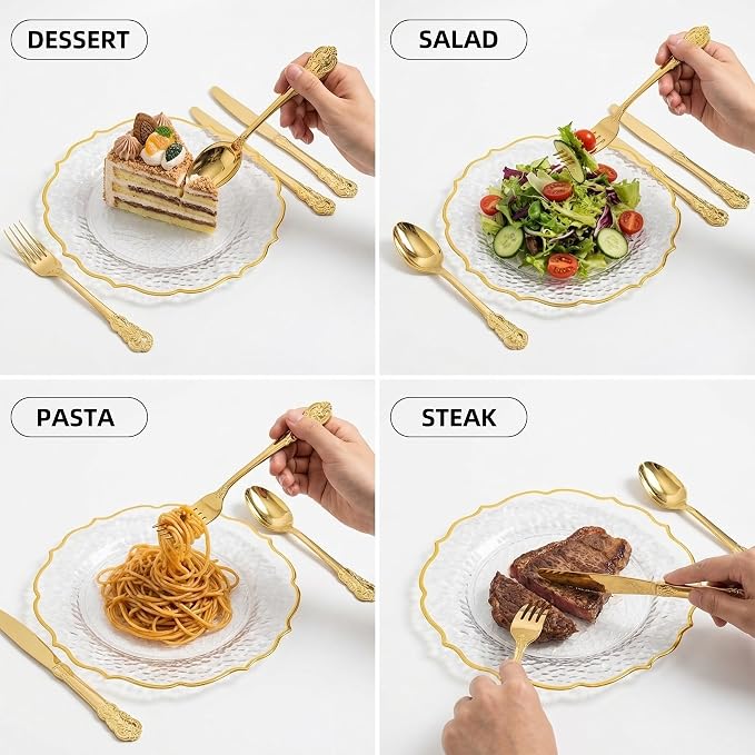 300PCS Gold Plastic Silverware, Vintage Disposable Utensils & Cutlery | 100 Fancy Forks, Spoons, Knives, Heavy Duty, BPA-Free, for Party, Weddings, Birthday & Holiday