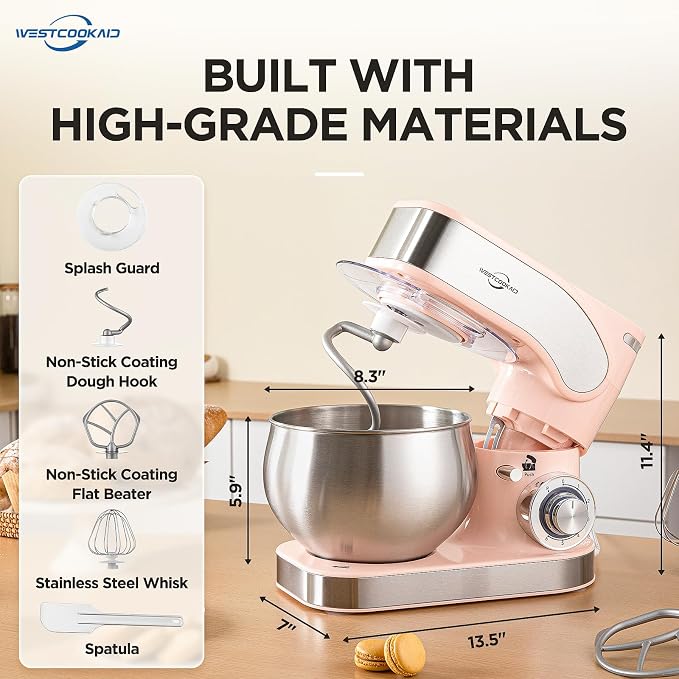 Electric Stand Mixer 5.3QT 6+P Tilt-Head Speed Pink | Standing Food Mixer with Egg Cream Whisk, Dough Hook & Flat Beater, Perfect Bread Dough Mixer for Home Baking and Daily Use