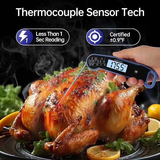 Lonicera Instant-Read Meat Thermometer, 1-Second, IP67 Waterproof, Blue | Thermocouple sensor delivers readings in 1 second with ±0.9°F accuracy, plus IP67 waterproofing, auto-rotate and wake