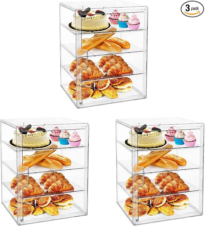 Pastry Display Case, Bread Box for Kitchen Countertop, 4-Layer Adjustable Bread Box, Large Capacity Bread Storage Container for Home-Baked Breads, Muffins, Bagel, Bread Holder - 3 Pack