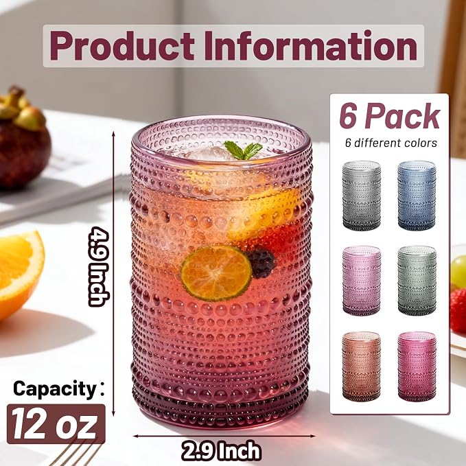 GGOLDMER Colored Hobnail Drinking Glasses Set of 6, 12oz Vintage Highball Glasses, Kitchen Glassware, Beaded Glass Cups for Iced Coffee, Cocktail, Beer, Juice, Cocktail, Whiskey, Milk