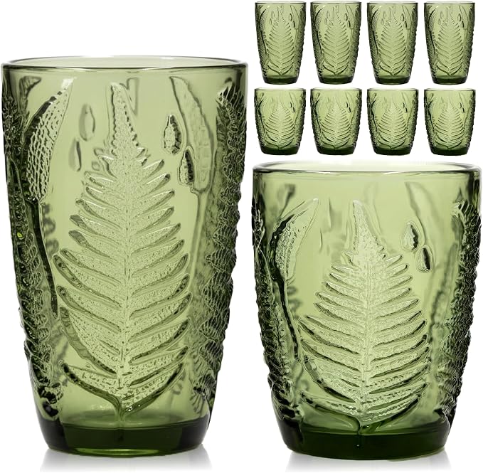 Green Drinking Glasses Set of 8 - 12 & 10 oz, Vintage Boho Fern Glass Cups | Hand-Pressed, Dishwasher Safe, Leaf-Textured Glassware, Colored Embossed Highball & Lowball Tumblers for Water, Retro Kitchen