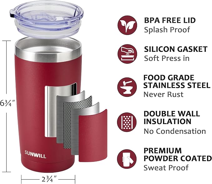 SUNWILL Travel Coffee Tumbler 20 oz, Insulated Mug with Lid, Stainless Steel Cup for Hot and Cold Drinks, Powder Coated Wine Red