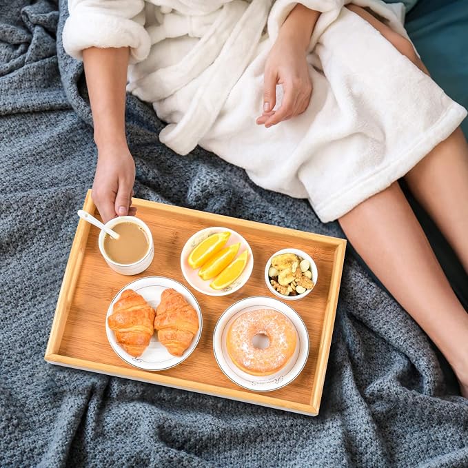 3 Pack Bamboo Serving Trays with Handles, Wooden Food Trays (Beige) | Bamboo Food Trays, Perfect For Breakfast In Bed, Sofa Dining, Serving Drinks, Snacks, And Everyday Organization