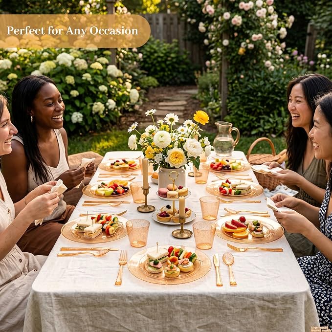 DaYammi 210PCS Orange Glitter Plastic Dinnerware Set for 30 Guests, Fancy Disposable Plates for Party, Include: 30 Dinner Plates, 30 Dessert Plates, 30 Pre Rolled Napkins with Silverware, 30 Cups