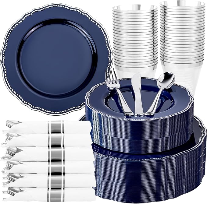 350 Pcs Blue Silver Plastic Plates Wedding & Party | Silver Plastic Dinnerware Set Includes 50 Dinner Plates, 50 Dessert Dinnerware, 50 Cups, 50 Napkins