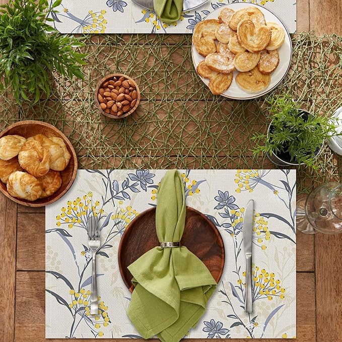 Floral Table Placemats Set of 4 Summer Flower Linen Cotton Washable Table Mats Heat Resistant Reusable Place Mat for Kitchen Dining 12x18 Inch
