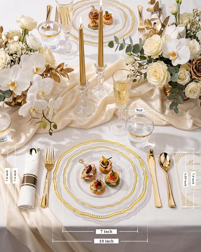 350 Pcs Clear Gold Plastic Plates for Wedding & Party | Gold Plastic Dinnerware Set Includes 50 Dinner Plates, 50 Dessert Dinnerware, 50 Cups, 50 Rolled Napkin Cutlery Perfect