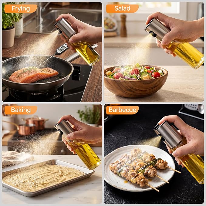 4 Pack 100ml Glass Olive Oil Sprayer with Scale & 4 Label Stickers, Refillable Fine Mist Oil Dispenser for Air Fryer, Salad, Baking, Grilling, Frying