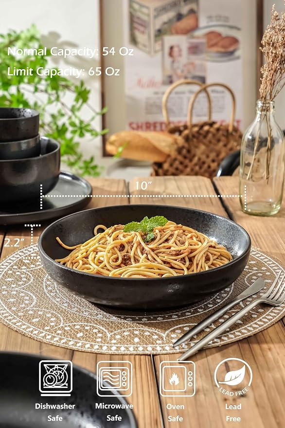 S&Q'S CERAMICS Large Serving Bowls Set of 4, 60 ounce Large Salad Bowls, 10'' Ceramic Wide Shallow Bowl Plates, Pasta Serving Dishes for Fruit, Microwave Safe(Black and Grey) (TSW2021)