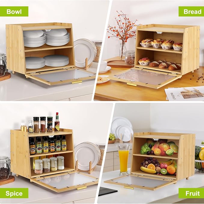 Garvee 2-Tier Bamboo Bread Box for Kitchen Counter, Farmhouse with Window | Clear Window, Strong Magnetic Closure, Compact Footprint, Flat Top, for Kitchen Countertop, Naural & Gold