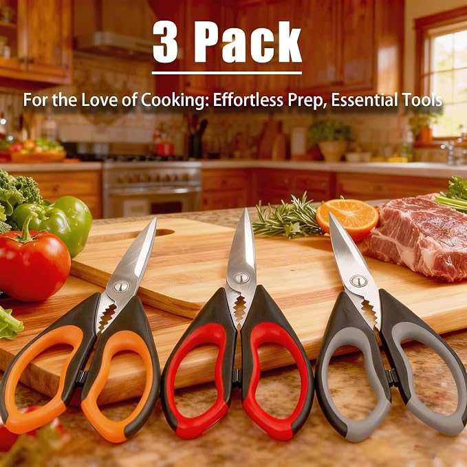 OMDAR 3 Pack Kitchen Scissors - Food Grade Kitchen Shears | All Purpose Stainless Steel Heavy Duty for Poultry Food Dishwasher Safe with Protective Sheath Comfort-Grip