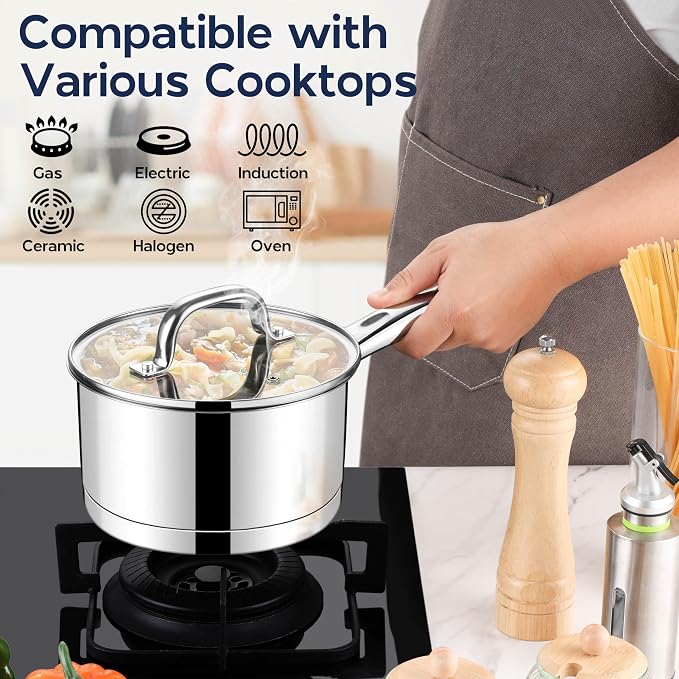 LIANYU Stainless Steel Saucepan with Lid, 2 Quart Sauce Pan Cooking Pot | Small Tri-Ply Bottom Multipurpose Sauce Pot, Dishwasher Safe, Compatible with All Stovetops