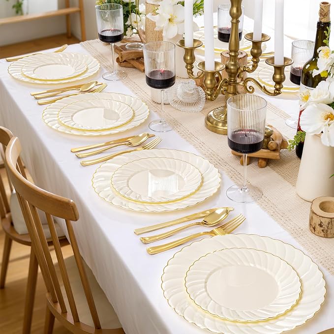 YOUBET 125PCS Ivory Scalloped Plastic Plates for Party Wedding | Cream Scalloped Disposable Plates - Gold Plastic Dinnerware Set Include 50 Plates, 75 Gold Silverware