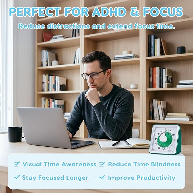 Secura Visual Timer for Kids, 60 Minute Classroom Countdown Timer for Study | Non-Ticking, Adjustable Alarm Volume/Duration, Low Power Reminder, Time Management Tool for ADHD (Dark Green & Dark Green)