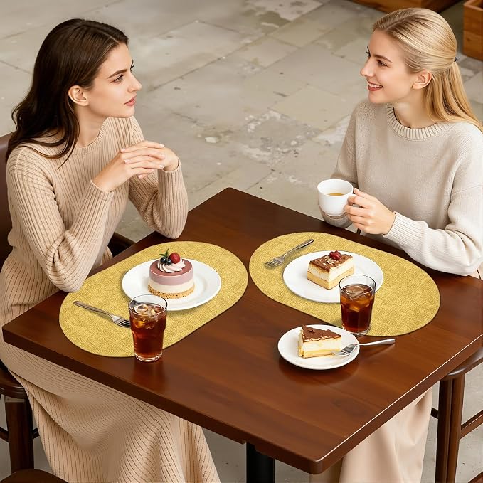 Placemats Set of 4, 11.8 x 17 Inch, Yellow | Heat Resistant Oval Faux Leather Place Mats, Waterproof Wipeable Reversible PU Placemat, Indoor & Outdoor