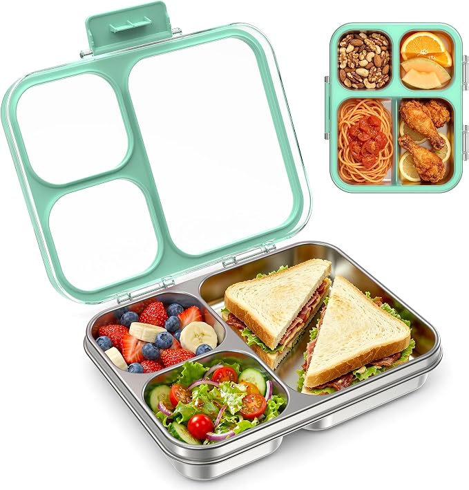 LOHASOK Stainless Steel Bento Lunch Box, 34oz/1000ml, Green | 3-Compartment, Leak Proof, Lightweight, Clear Plastic Lid, for Kids Adults, BPA/BPS Free, Dishwasher Safe