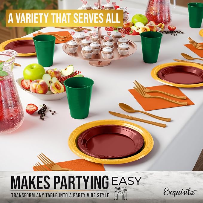 350 Pcs Thanksgiving Plastic Plates For Party, Thanksgiving Disposable Plates Set, 50 Of Each 9" Dinner Plate Set, 7" Dessert Plate, Cups, Napkins & Cutlery Plastic Dinnerware Exquisite
