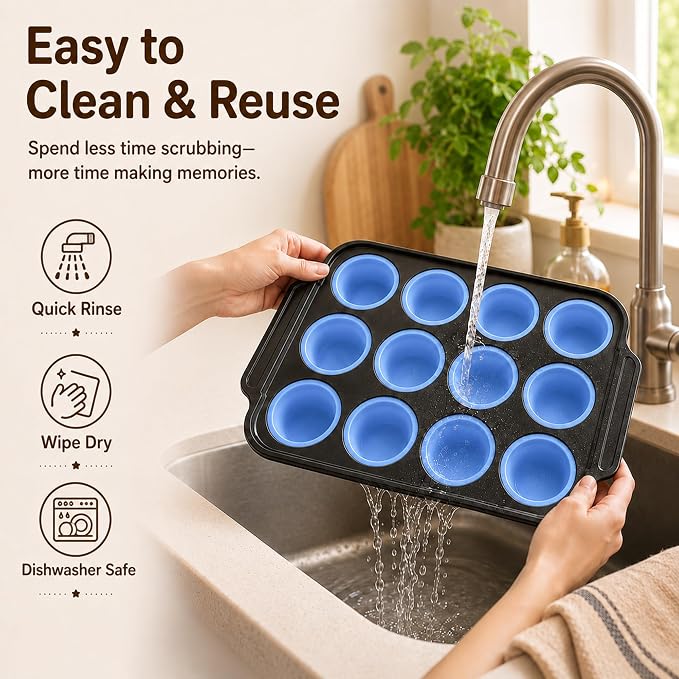 Silicone Muffin Pans for Baking, 12-Cup Muffin Tin with Metal Frame | Reinforced Metal Frame, 12-Cup Size, Easy Release Cups, Nonstick Silicone, Oven & Dishwasher Safe