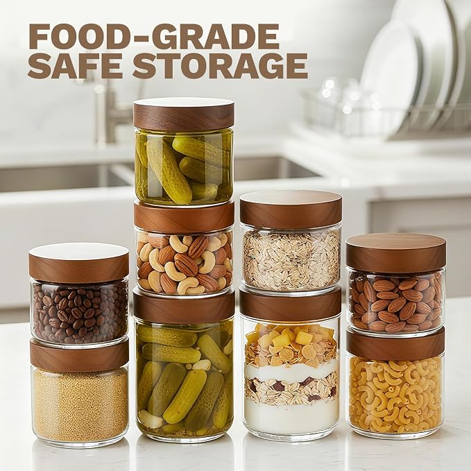 Bumobum 10 oz Glass Jars with Wood Lids, 12 Pack Small Yogurt Containers | Acacia Wood Lids, Airtight Seal, Easy to Fill, Small Food Containers for Chia Pudding, Coffee, Snacks, Spices, Pantry Storage