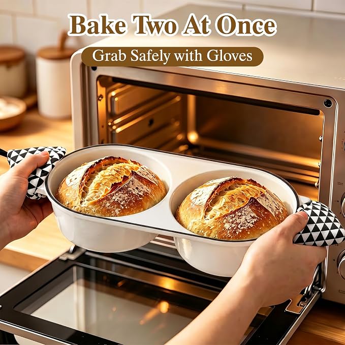 Dutch Oven for Sourdough Bread Baking - Enameled Cast Iron Dutch Oven Pot with Lid and 5" Banneton Bread Proofing Basket & Cotton Potholders, Dual Round Bread Loaf Pan for Homemade Bread, Meatloaf, Cake– (Cream White)