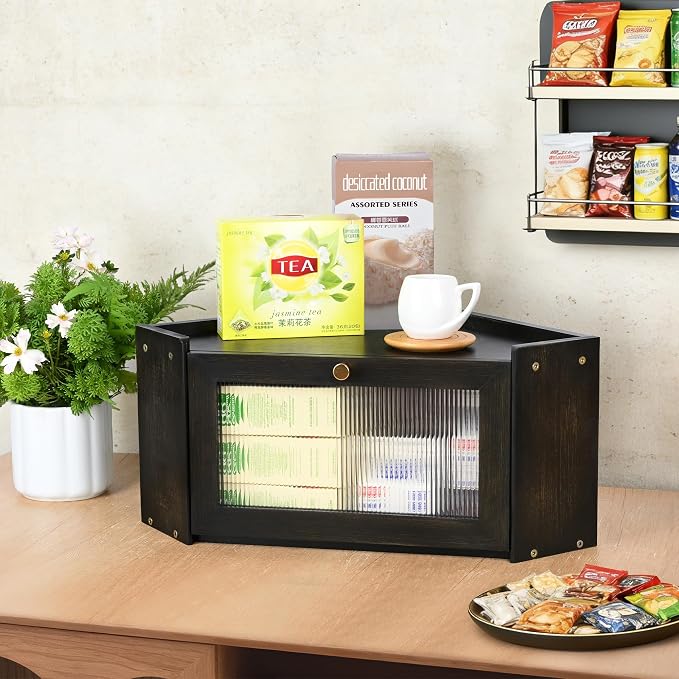 Bread Box for Kitchen Countertop with Acrylic Window Black | Farmhouse Bread Storage Container, Large Pantry Organizers for Homemade Snacks, Loaves, Breathable Keeps Bread Fresh