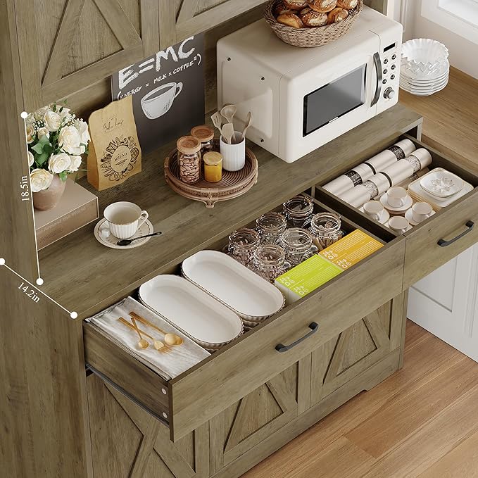 HOSTACK 71" Kitchen Pantry Storage Cabinet, Farmhouse Kitchen Hutch Cabinet | with Charging Station / 2 Drawers / Countertop / Adjustable Shelves, Free Standing Food Pantry Cabinet, Dining Room, Brown