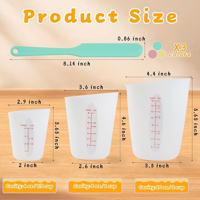 Food-Grade Silicone Chocolate Melting Cup Set with 3Pcs BPA Free Silicone Measuring Cups (1/2Cup/1Cup/2Cup) and 3Pcs Heat-Resistant Jar Spatulas, Non-Stick Baking Supplies for DIY Chocolate