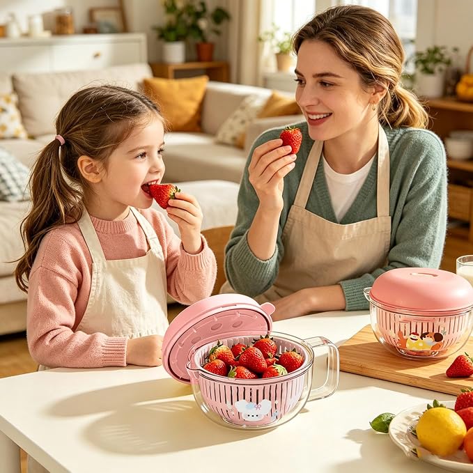 Salad Washer and Spinner with Bowl, Fruit and Vegetable Washer & Dryer, Vegetables Fruits Wash Bowl for Blueberries, Grapes & Cherry Tomatoes, Easy-Clean Kitchen Gadget for Greens (Pink)