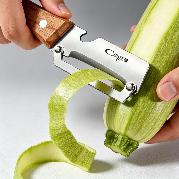 TEEVEA Left-Handed Vegetable Peeler 2-in-1 Stainless Steel Wood Handle | Multifunctional with Built-in Bottle Opener, Zero Flex Zero Snag Blade, Ultra Sharp for Fruit Potato Apple Veg, Kitchen Tool