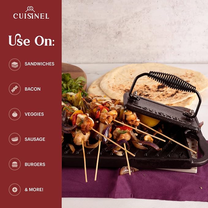 Cuisinel 10.5-Inch Square Cast Iron Grill Pan Set – PFAS & PFOA-Free Pre-Seasoned Ribbed Skillet with Grill Press, Glass Lid & Pan Scraper – Indoor Stovetop, Grill & Camping Cookware