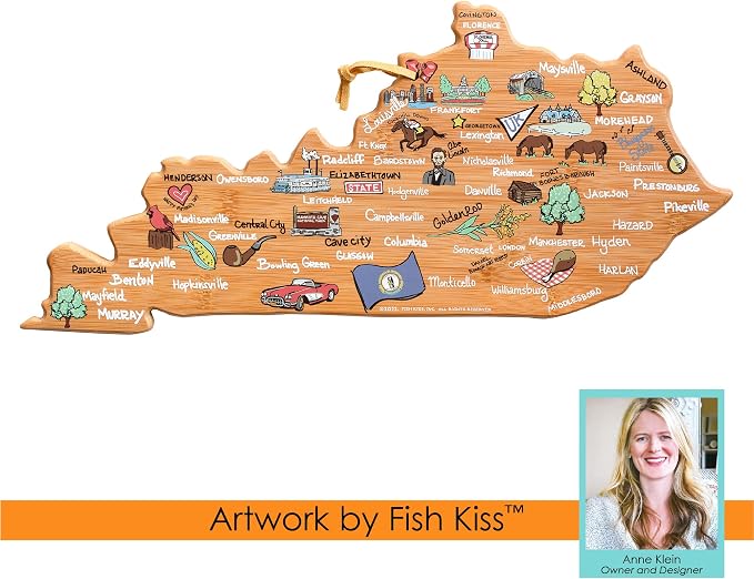 Totally Bamboo Virginia State Shaped Cutting Board, Art by Fish Kiss | State charcuterie board with colorful hand-drawn map artwork. Smooth reverse side for food prep. Hang tie for wall display.