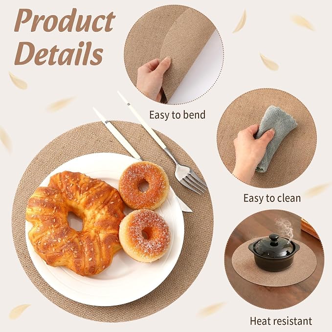 50 Pcs 11.8 Inch Burlap Round Placemats Bulk, Natural Table Mats | Jute Fiber Placemats, Heat Resistant Non Slip, Holiday Weddings Birthday Party, Kitchen Dining Table Decorations