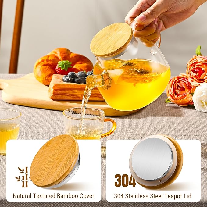 PARACITY Glass Teapot Stovetop 20 OZ/600ml, Borosilicate Clear Tea Kettle with Bamboo Lid, Glass Tea pot with Removable Filter Spout, Teapot Blooming and Loose Leaf Tea Maker Tea Brewer for Camping | 18/8 stainless steel tea infuser/strainer; borosilic...