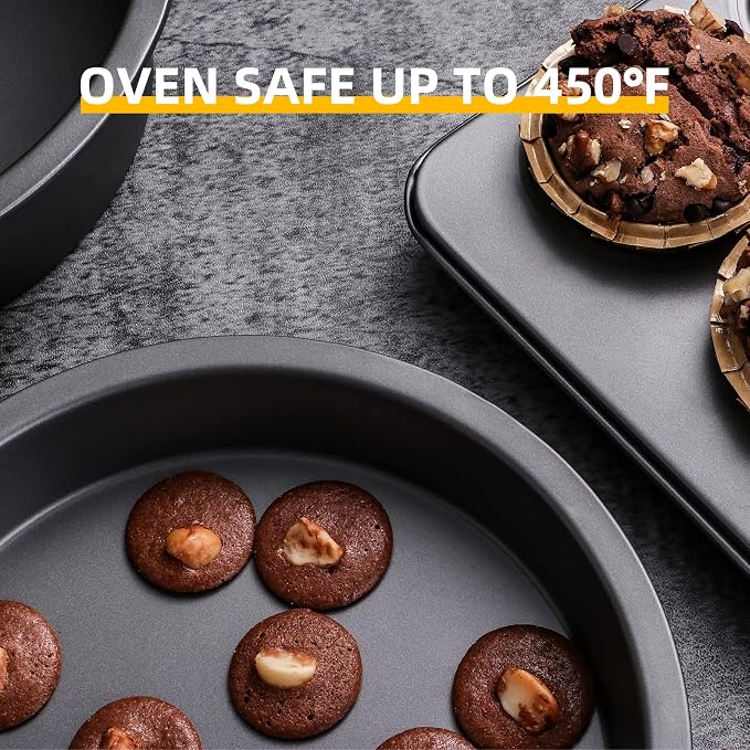 Round Cake Baking Pan, 8 Inch, Shallow Cookie Pans, Layer Cake Pans with Wider Grips, Nonstick Circle Pizza Tin, Huty Duty, Dishwasher Safe, 2 Pieces- Grey