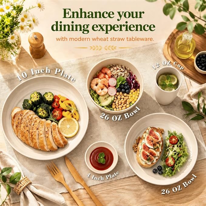 Unbreakable Plates Bowls and Cups Set, Wheat Straw Dinnerware Sets | 40PCS Dish Set, Bowls/Cups/Sauce Dishes/Deep Plate Sets for 8, Dishwasher Safe Daily Living Dinnerware for Dinner,Patio,Beige