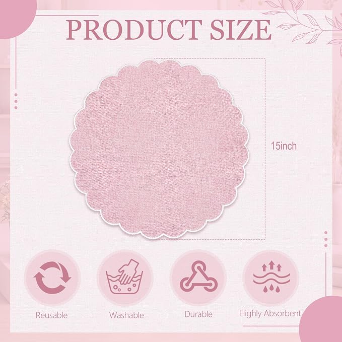 Set of 12 Pink Cotton Placemats 15" Round Scalloped White | Double Layered Cotton Fabric, Washable Embroidery, White Edge Edge, Rustic Table Mats for Wedding Dining Table Decor