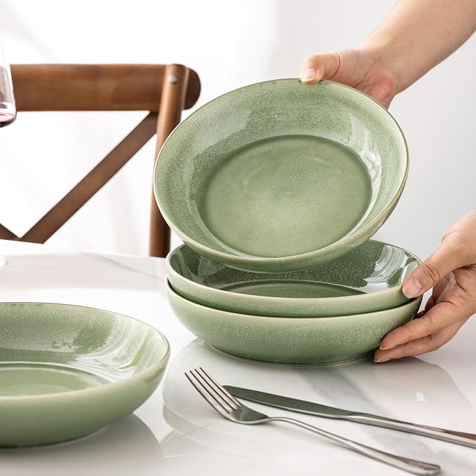 AmorArc 8.5’’ Ceramic Pasta Bowls Set of 4, 36oz Large Stoneware Bowls Set | Large Dinner Serving Bowls Set, Wide Bowl Plate for Pasta,Salad, Soup, Microwave Safe, Reactive Glaze-Olive Green