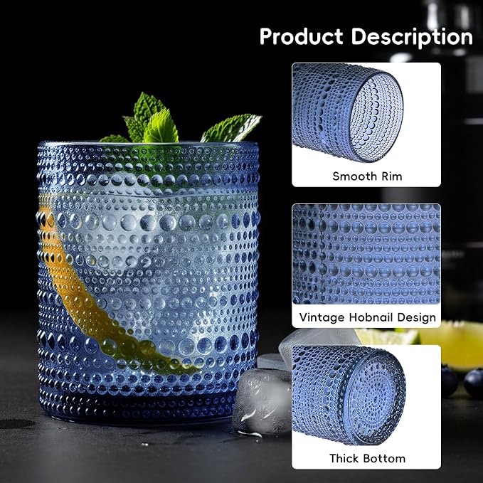 Moretoes Blue Hobnail Drinking Glasses Set of 6, Vintage Glass Cups | 12 Oz Highball Glasses & 10 Oz Cocktail Glasses Embossed Boho Kitchen Bar Tumbler Glassware for Whiskey Beer Juice Milk