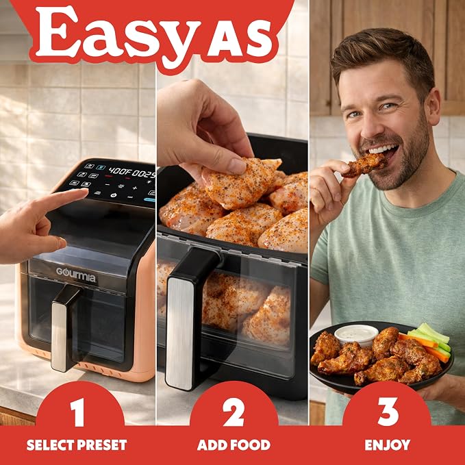 Gourmia Air Fryer 7 QT - Easy View Panorama Window & Interior Light, Guided Cooking with 12 One-Touch Presets, FryForce 360, Dishwasher Safe Accessories, Peach