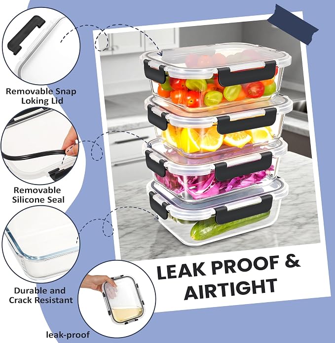 HOTEC 35OZ Glass Food Storage Container, Airtight Glass Lunch Fruit Containers with Lids - Microwave, Oven, Freezer and Dishwasher Safe, 2-PACK