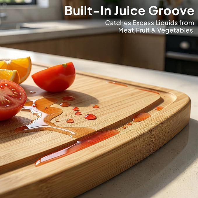 Large Bamboo Cutting Board, Reversible Wood Cutting Board with Deep Juice Groove, Food-Safe Oil Finish, Large Wooden Chopping & Carving Board for Meat, BBQ, Vegetables