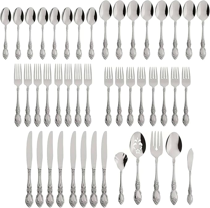 Oneida Wordsworth 45-Piece 18/0 Silverware Set for 8, Flatware | mirror finish, dishwasher safe | includes serving spoons and utensil set | cutlery set, wedding silverware