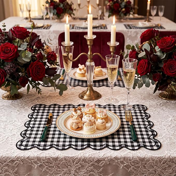 Linen Placemats Set of 12 Scalloped Placemat 13 X19 Wavy Embroidery Double Layered Washable Farmhouse Dinner Fabric Table Mat Napkin for Wedding Party Restaurant(Plaid,Black and White)