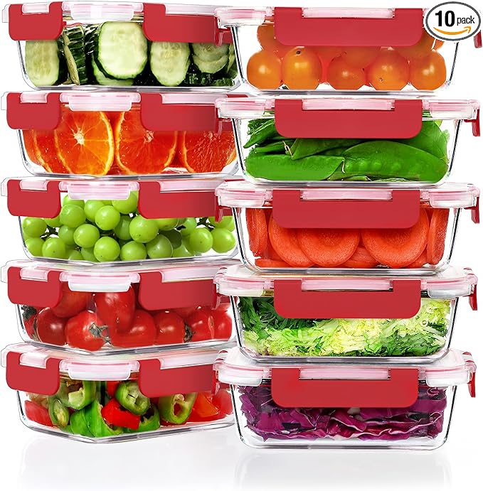 VERONES 10 PACK 22 OZ Glass Meal Prep Containers Set with Lids, Red | Airtight Glass Lunch Containers Set, Glass Food Storage Containers, for Microwave, Oven, Freezer & Dishwasher Friendly