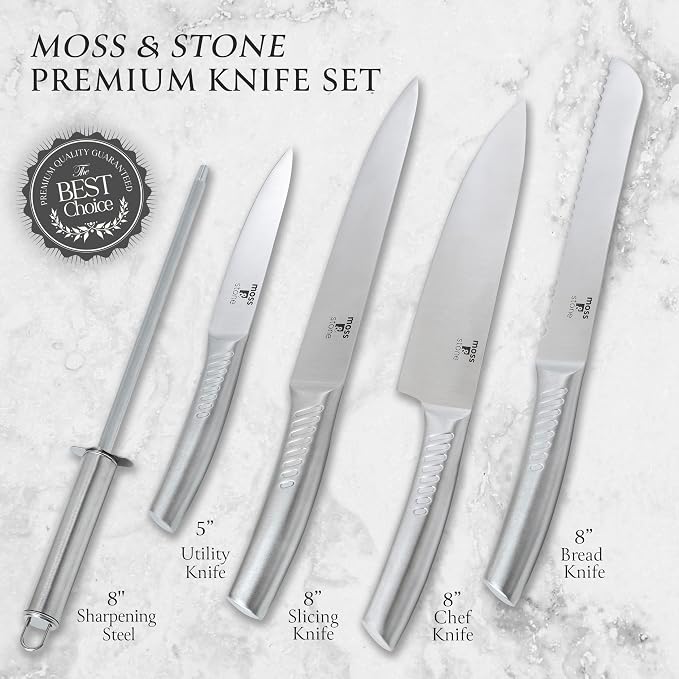 Moss & Stone Small 6 Pcs Kitchen Knife Set with Block, Stainless Steel | Professional chef knife set with sharp cooking knives, premium scratch-resistant and rust-proof design, ergonomic handle