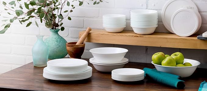 Corelle Vitrelle 78-Piece Service for 12 Dinnerware Set, Triple Layer Glass and Chip Resistant, Lightweight Round Plates and Bowls Set, Winter Frost White