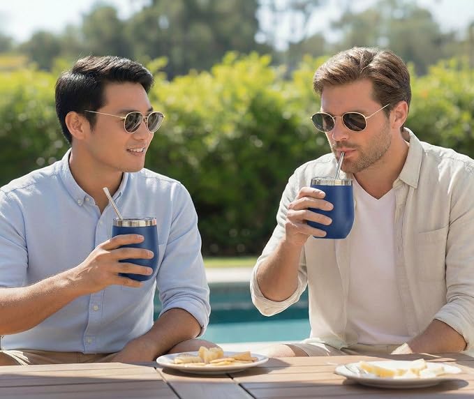 12 oz Stainless Steel Wine Tumblers 2 Pack - Double Wall Vacuum Insulated Wine Glasses Cups with Lids and Straws Set Keeping Cold & Hot for Coffee, Beer, Ice Cream - Powder Coated Navy Blue