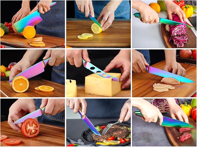 Rainbow Knife Block Set 27-Piece, Iridescent German Stainless Steel Kitchen Knives Set with Wooden Holder, Colorful Titanium Coating, Include Scissors and 2-Stage Built-in Sharpener and 8pcs Gadgets